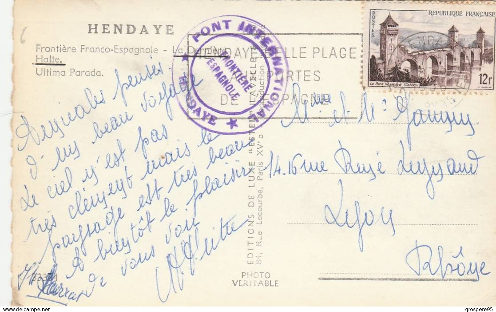 HENDAYE FRONTIERE FRANCO ESPAGNOLE DERNIERE HALTE 1956? CACHET VERSO - Hendaye