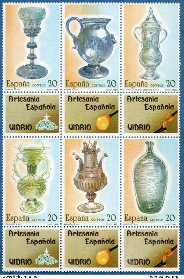 Spain 1988 Glass Artworks, Drinking Cup, Can, Jug, Flask12-block MNH Valencia, San Ildefonso, Baleares, Catalunia, - Vidrios Y Vitrales