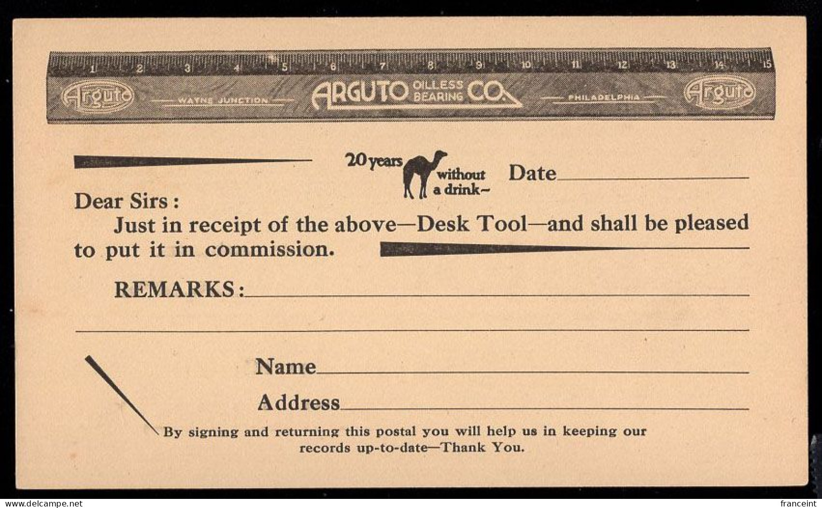 U.S.A.(1950) Ruler. Camel. One Cent Postal Card With Advertising: "Arguto Oilless Bearing Co." - 1941-60