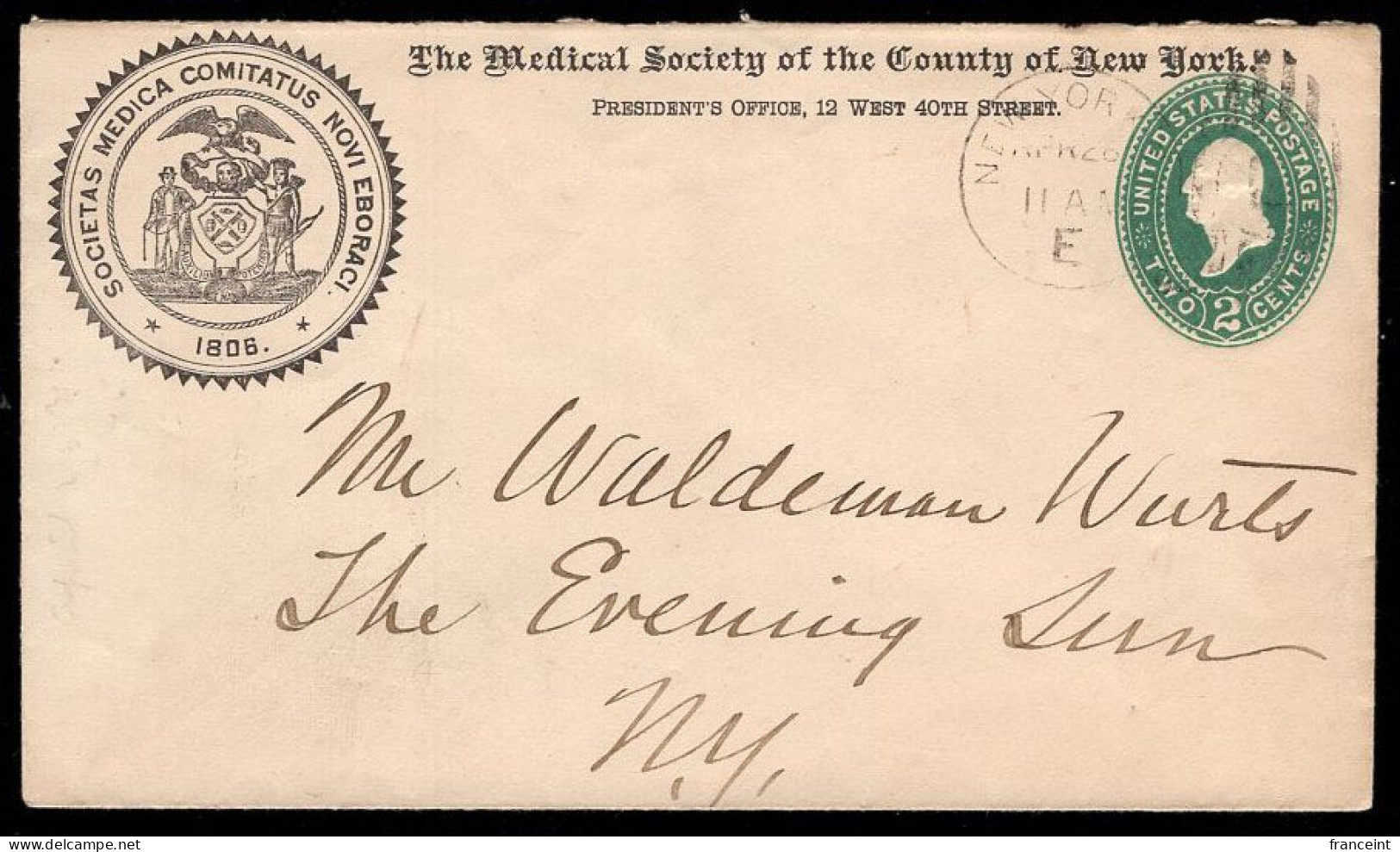 U.S.A.(1894) Seal Of Medical Society Of New York. Two Cent Postal Stationery With Illustrated Corner Ad. Seal Depicts Ea - ...-1900