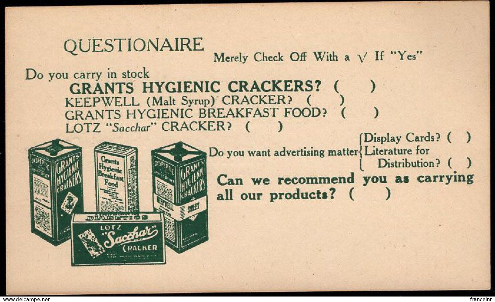 U.S.A.(1930) Boxes Of Hygienic Crackers* And Cereal. One Cent Postal Card With Advertising. "Grants Hygienic Crackers." - 1921-40