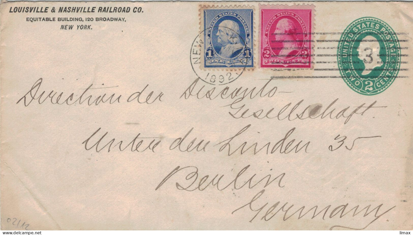 Ganzsache Louisville & Nashville Railroad Co New York > Disconto Ges. Berlin - Vgl. David Hansemann - Zufrankierung - ...-1900