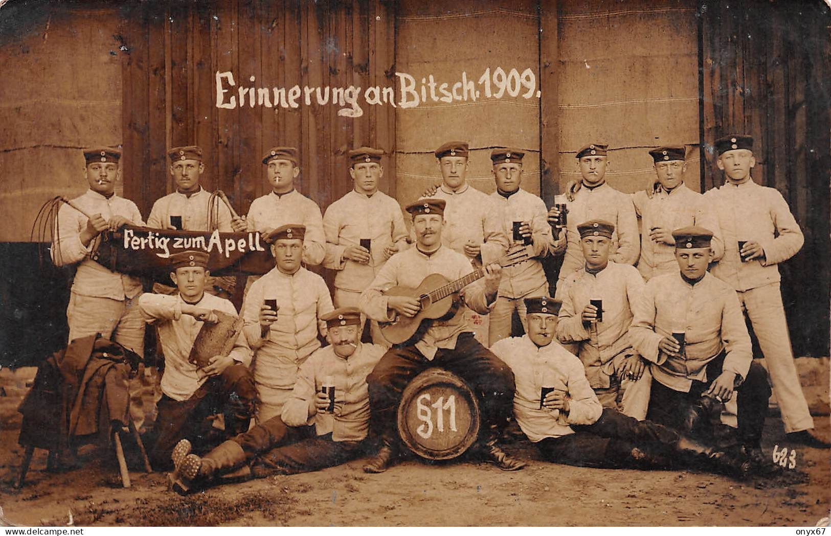 Carte Photo Militaire Allemand BITSCH-BITCHE-57-Moselle-Soldaten-Guitare-Tonneau Bière- Photo Lehmann - Bitche