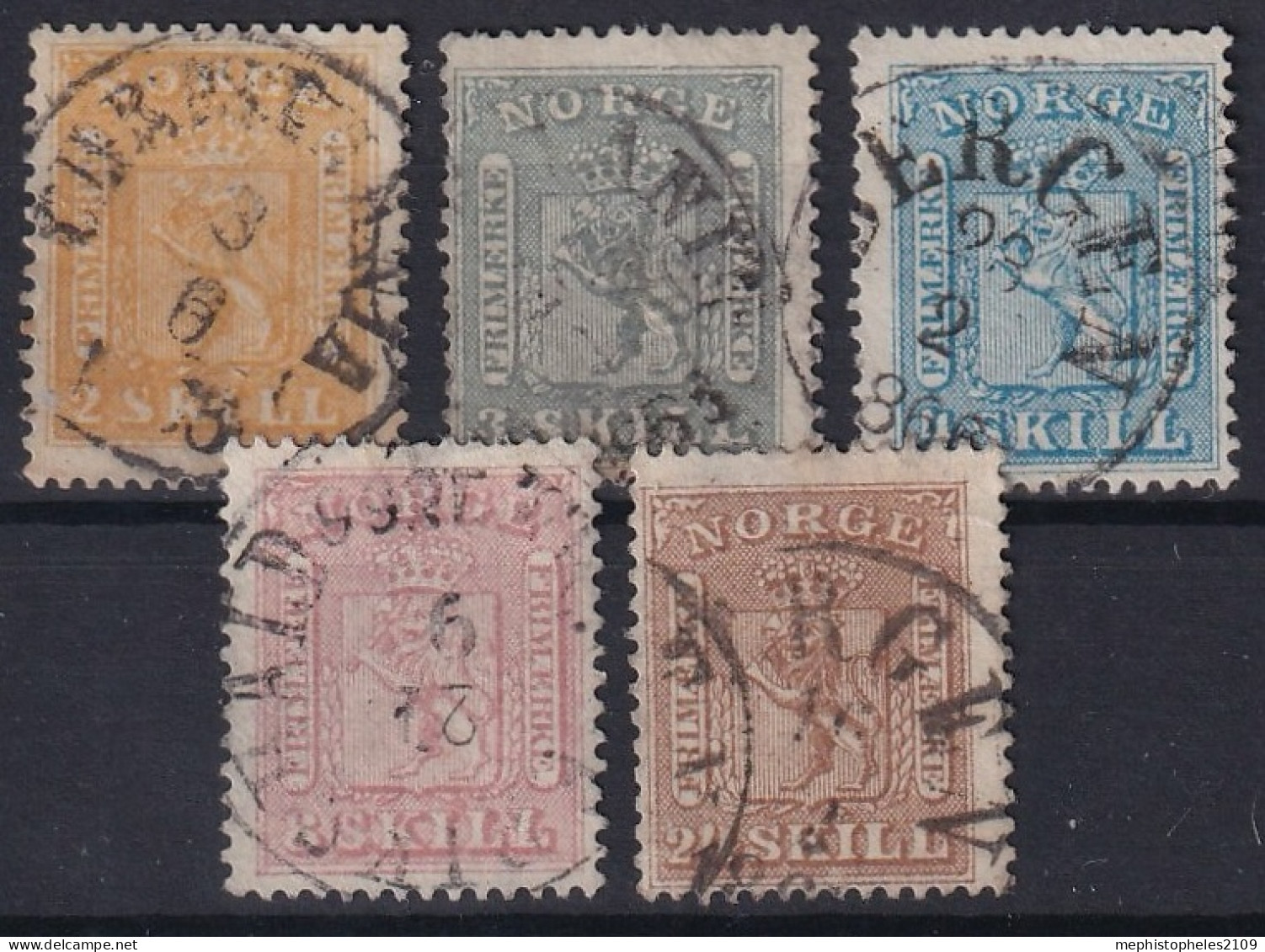 NORWAY 1863 - Canceled - Sc# 6-10 - Complete Set! - Used Stamps