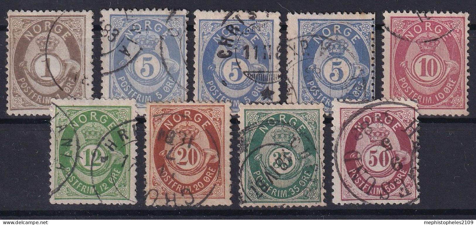 NORWAY 1877/78 - Canceled - Sc# 22, 24, 24a, 24b, 25, 26, 27, 29, 30 - Used Stamps