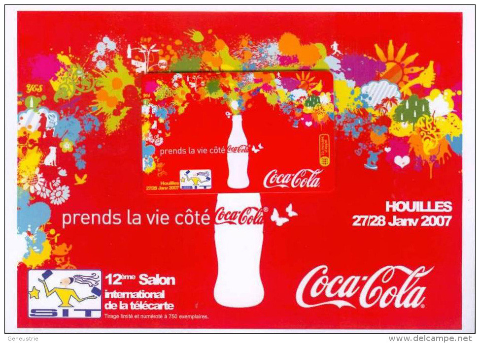 Belle Télécarte Sur Encart "Coca-Cola - Houilles 2007" Phone Card - Carte Téléphonique - Levensmiddelen