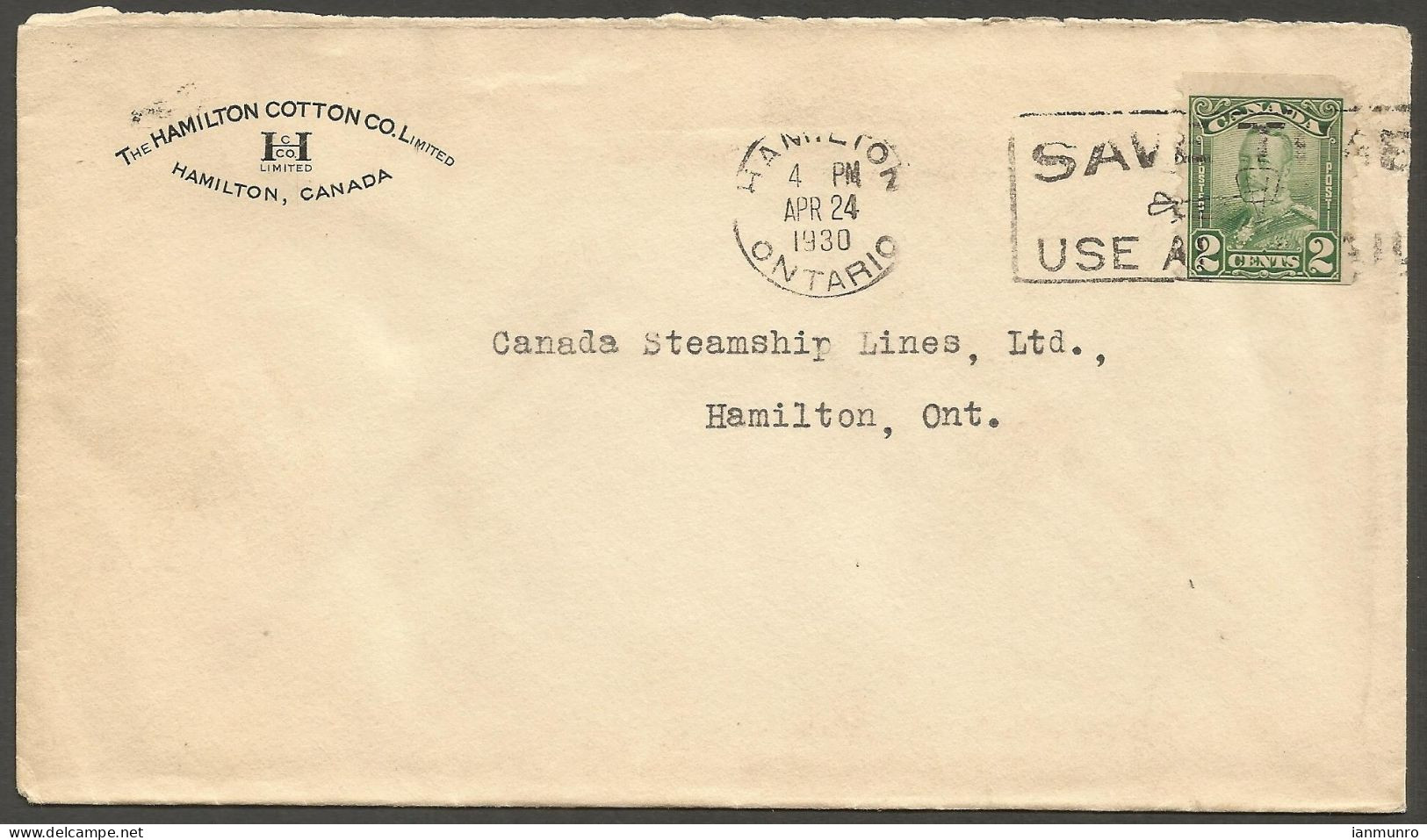 1930 Hamilton Cotton Co Advertising Cover 2c Scroll Coil Slogan Hamilton Ont - Postal History