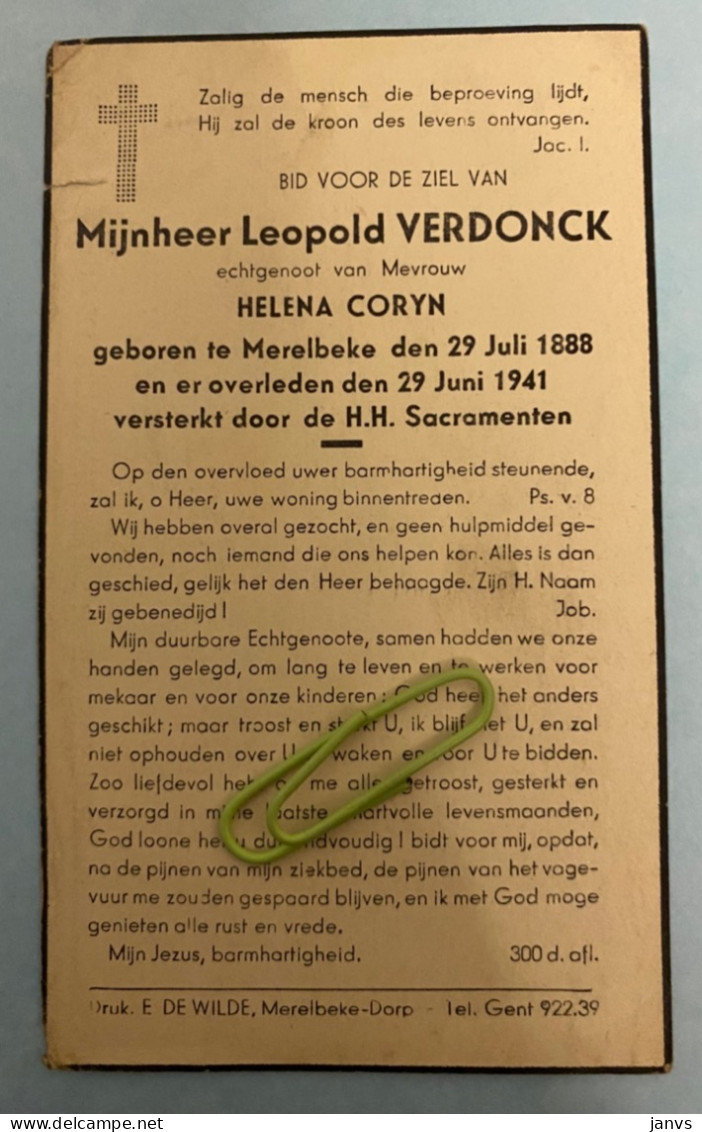 Devotie - Overlijden - Leopold Verdonck - Echtg Helena Coryn - Merelbeke 1888 - 1941 - Overlijden