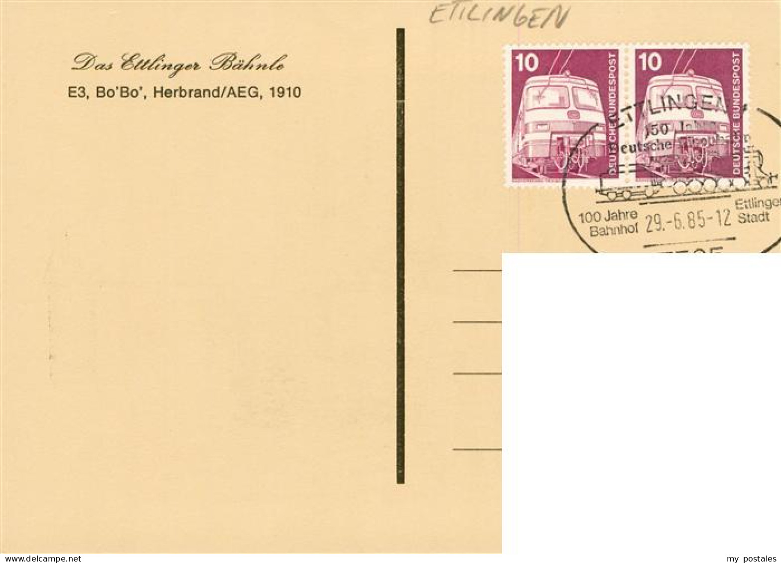 73947145 Ettlingen Ettlinger Baehnle Kuenstlerkarte Sonderstempel 100 Jahre Bahn - Ettlingen