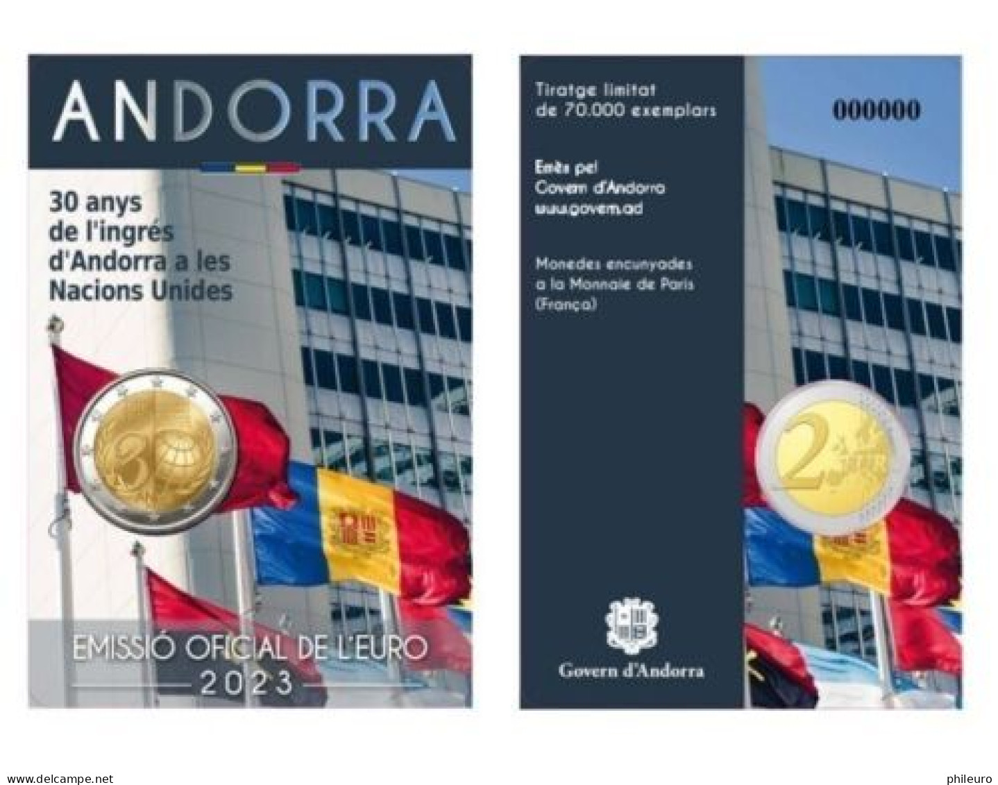 Andorre 2023 : 2€ Commémorative "30 Ans Entrée D'Andorre Aux Nations Unies" (en Coincard) - Disponible En France - Andorre