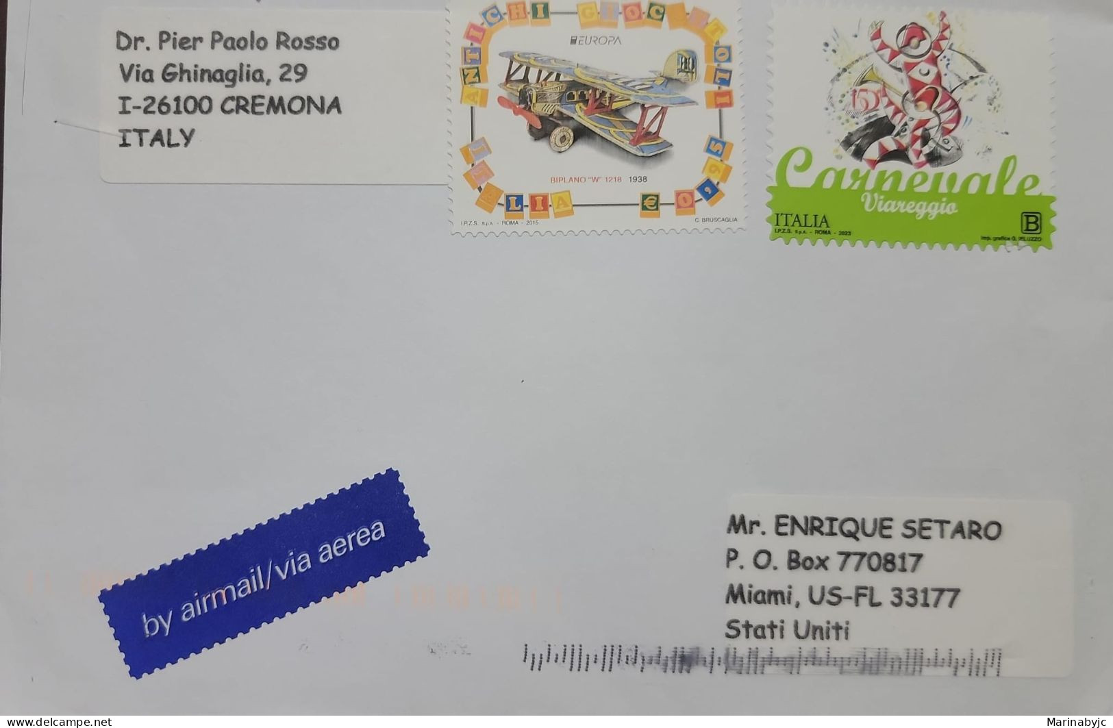 EL) ITALY, EUROPE ISSUE - ANTIQUE TOYS, BIPLANE, VIAREGGIO CARNIVALS, AIR MAIL, CIRCULATED COVER FROM CRERMONA ITALY TO - Années Complètes