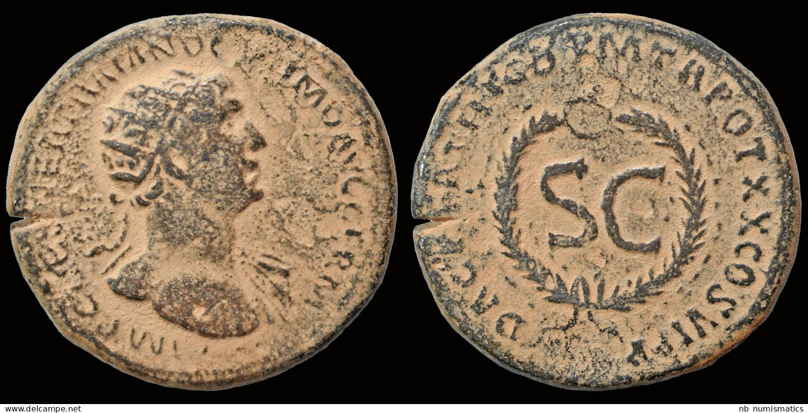 Trajan AE As  S C In Wreath-Rare! - La Dinastía Antonina (96 / 192)