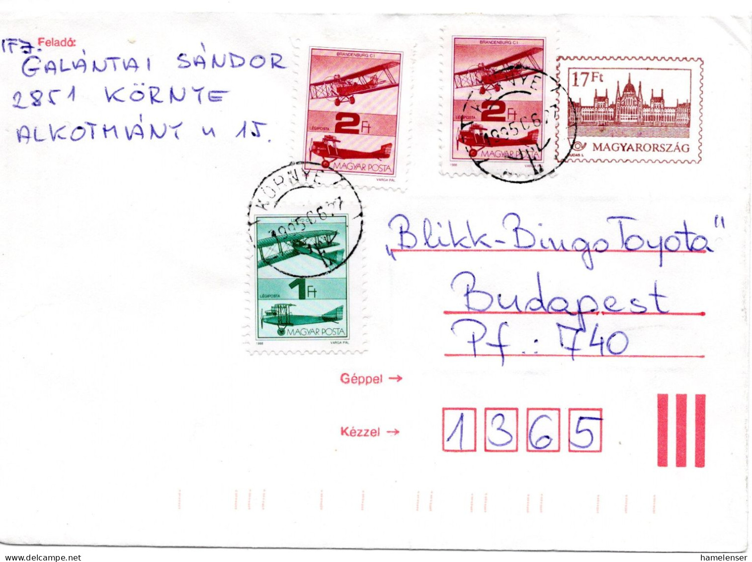 61210 - Ungarn - 1995 - 17Ft GAUmschlag M ZusFrankatur KOERNYE -> Budapest - Storia Postale