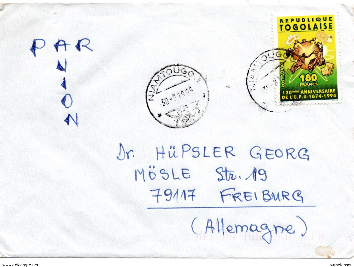 61225 - Togo - 1995 - 180F 120 Jahre UPU EF A LpBf NIAMTOUGO -> Deutschland - UPU (Union Postale Universelle)
