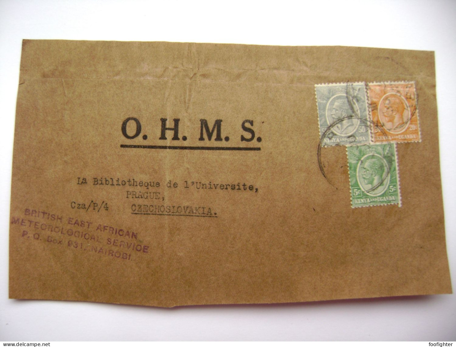 Kenya Nairobi Ca 1930s - Kenya And Uganda 50c, 20c, 5c - To Czechoslovakia - Large Envelope Clipping - Kenya & Uganda