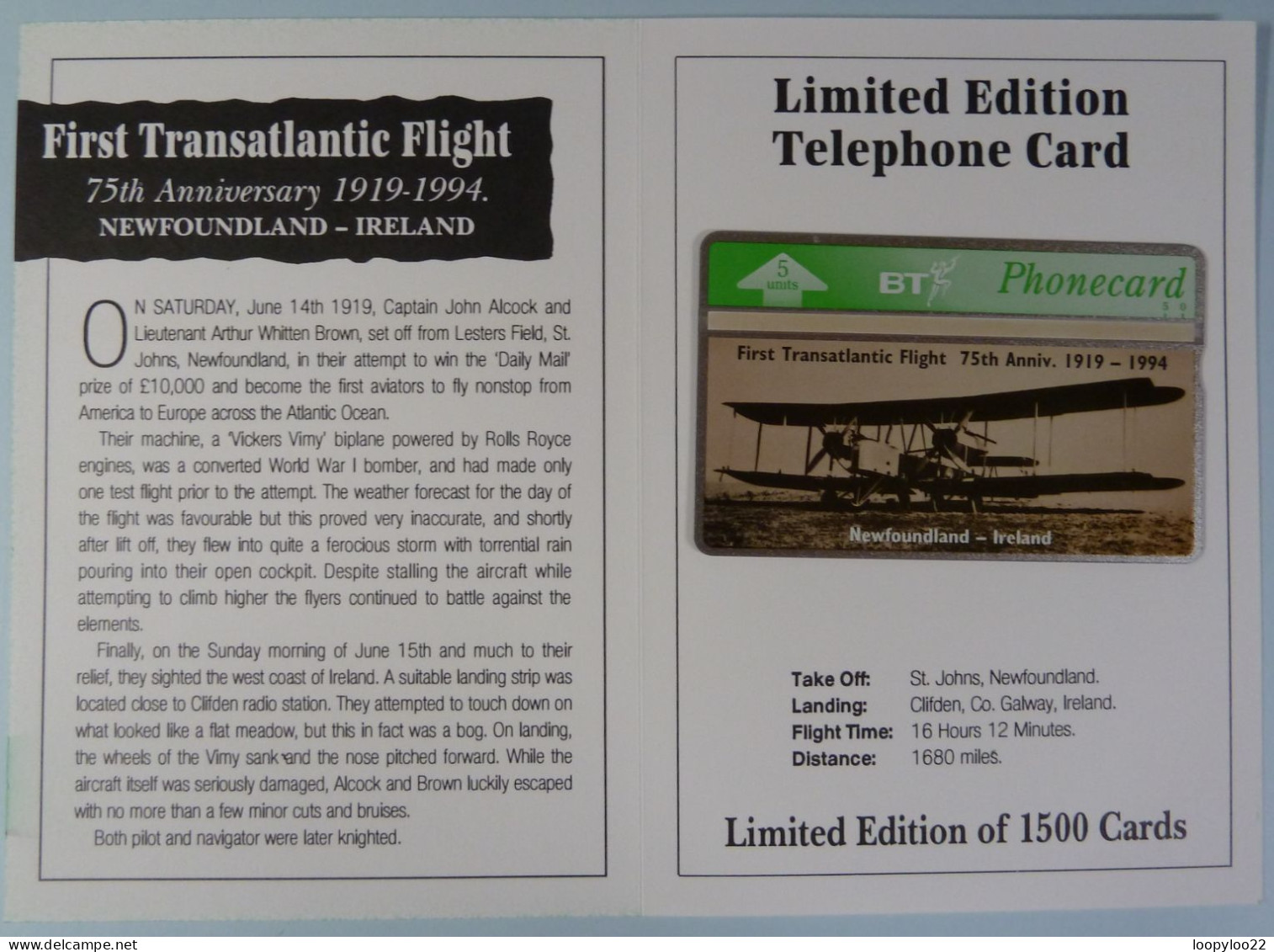 UK - BT - L&G - Alcock & Brown 1st Transatlantic Flight Newfoundland To Ireland - BTO080 - 407A  1500ex - Mint In Folder - BT Emissions Etrangères