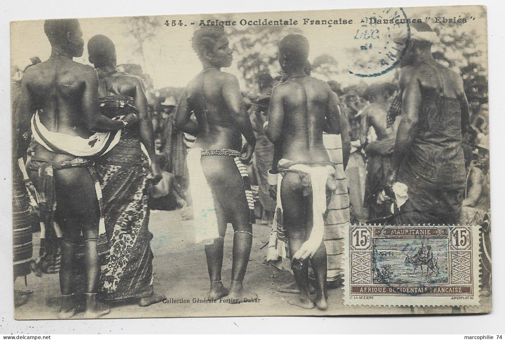 MAURITANIE AOF 15C TIMBRE AU RECTO CARTE AFRIQUE OCCIDENTALE FRANCAISES DANSEUSES EBRIES - Mauritanie