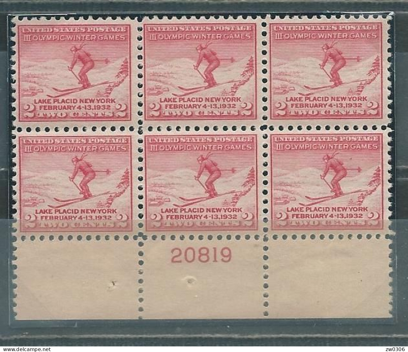 USA FDC Plateblock Skiing MNH  20819 - Winter 1932: Lake Placid