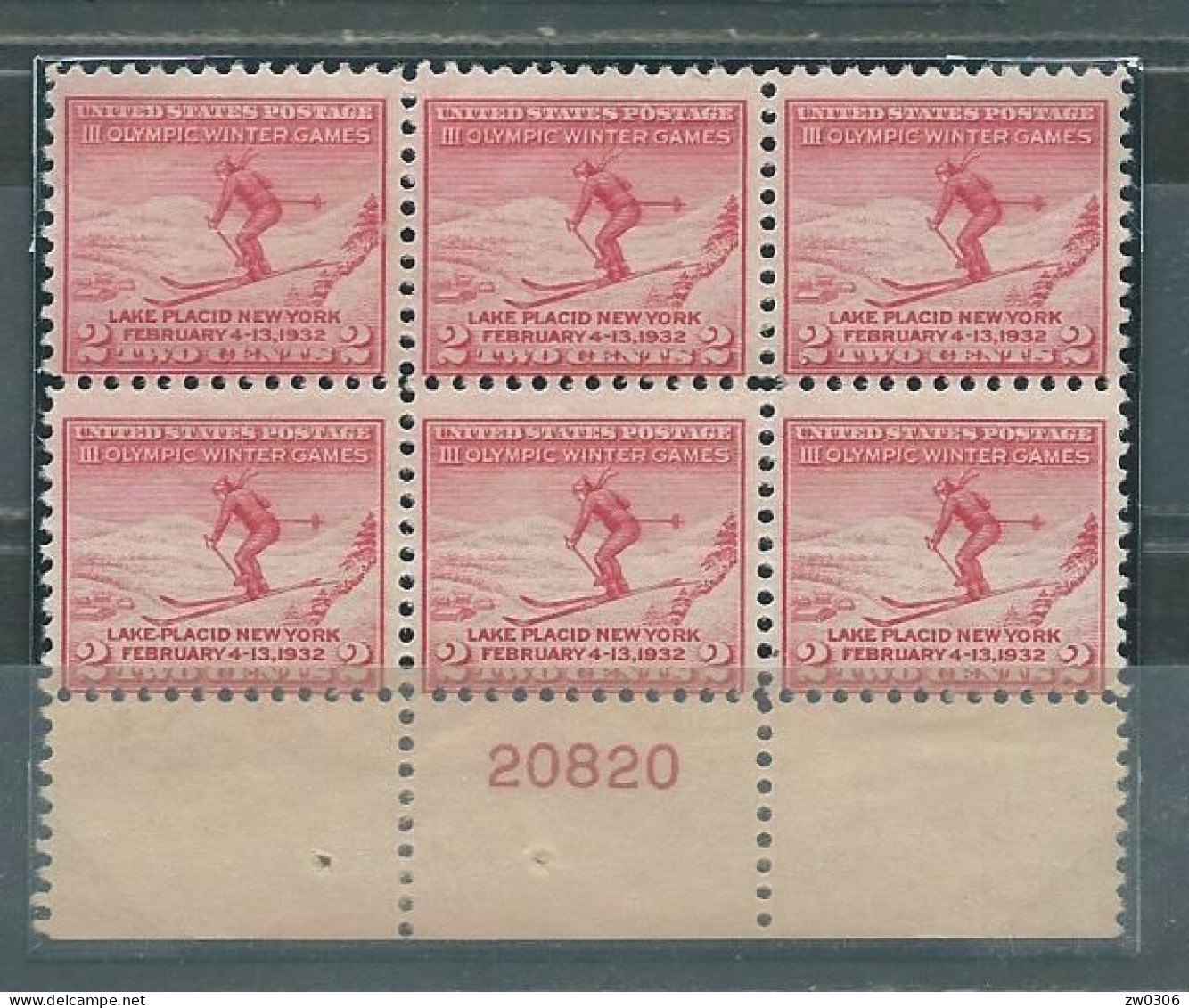 USA FDC Plateblock Skiing MNH  20820 - Winter 1932: Lake Placid