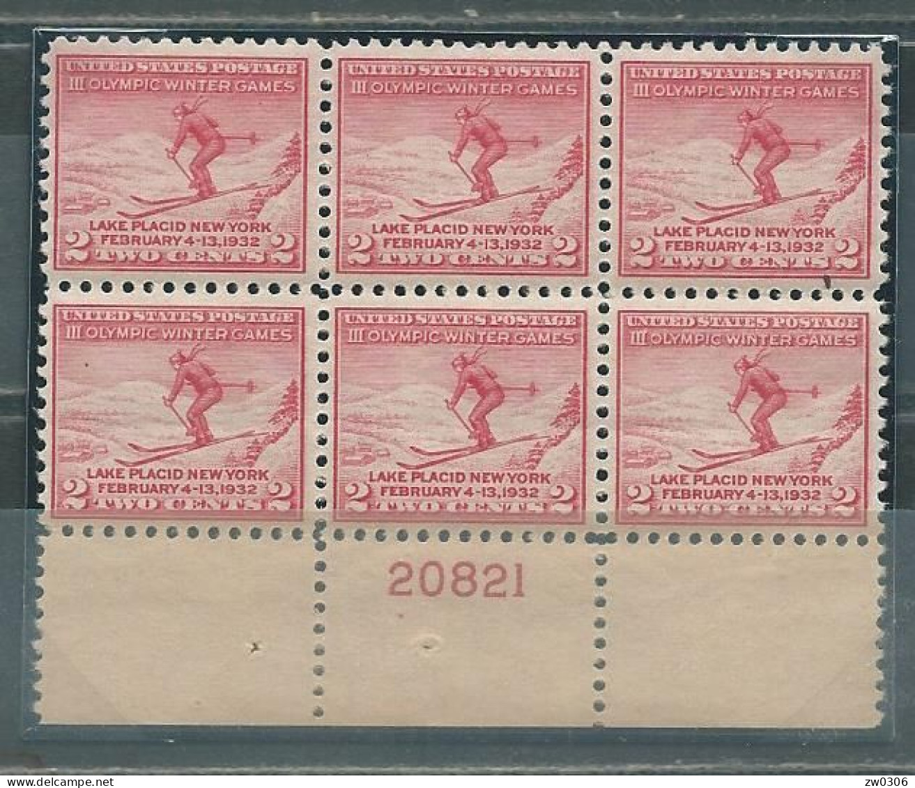 USA FDC Plateblock Skiing MNH  20821 - Hiver 1932: Lake Placid