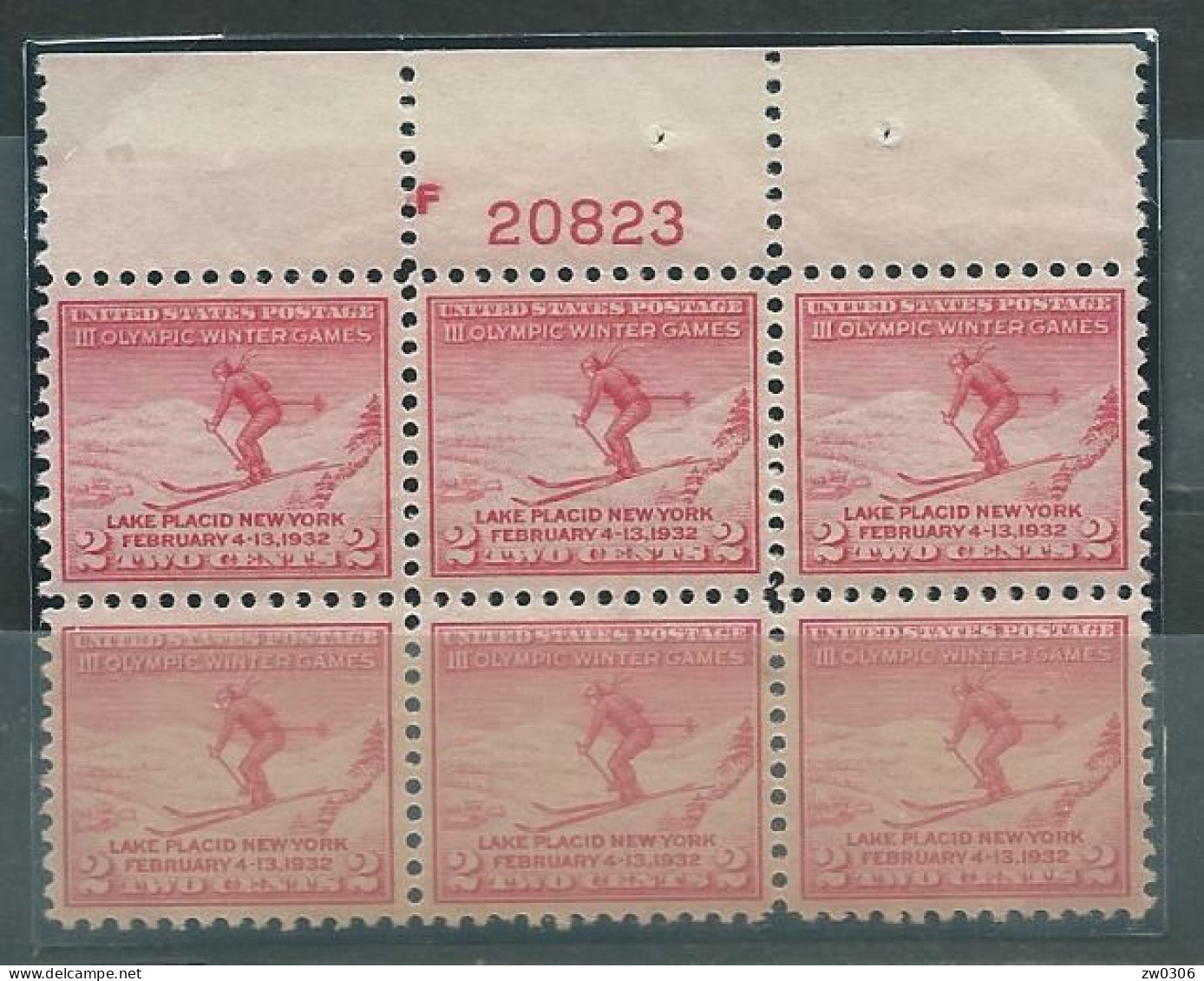 USA FDC Plateblock Skiing MNH  F 20823 - Hiver 1932: Lake Placid