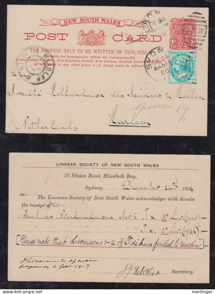 New South Wales Australia 1906 Uprated Stationery Postcard SYDNEY X HAARLEM Netherlands Private Imprint LINNEAN SOCIETY - Briefe U. Dokumente