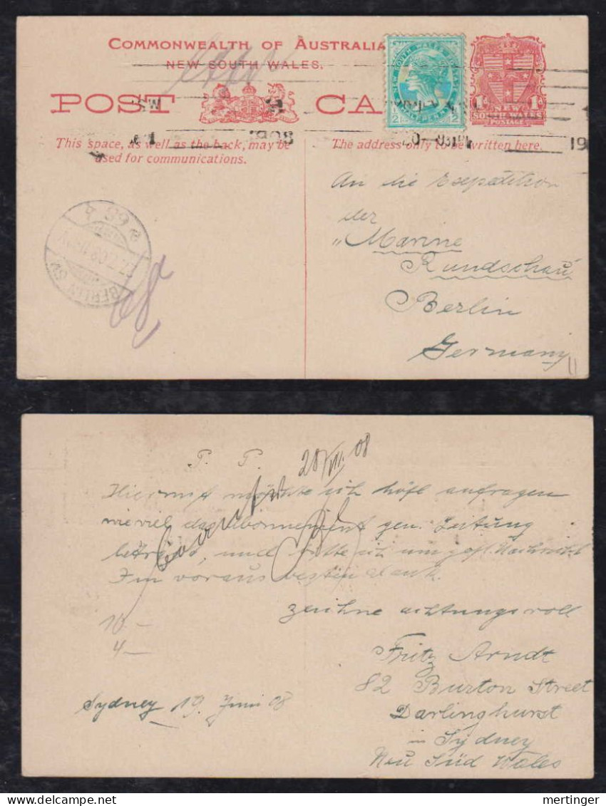 New South Wales Australia 1908 Uprated Stationery Postcard SYDNEY X BERLIN Germany - Cartas & Documentos