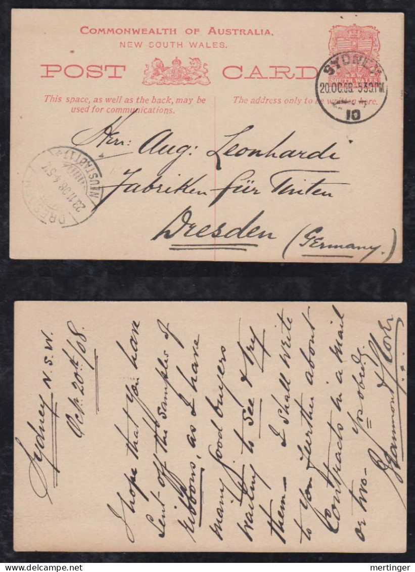 New South Wales Australia 1908 Stationery Postcard SYDNEY X DRESDEN Germany - Briefe U. Dokumente