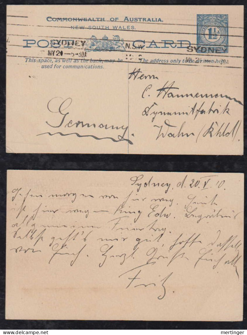 New South Wales Australia 1910 Stationery Postcard SYDNEY X WAHN Germany - Covers & Documents