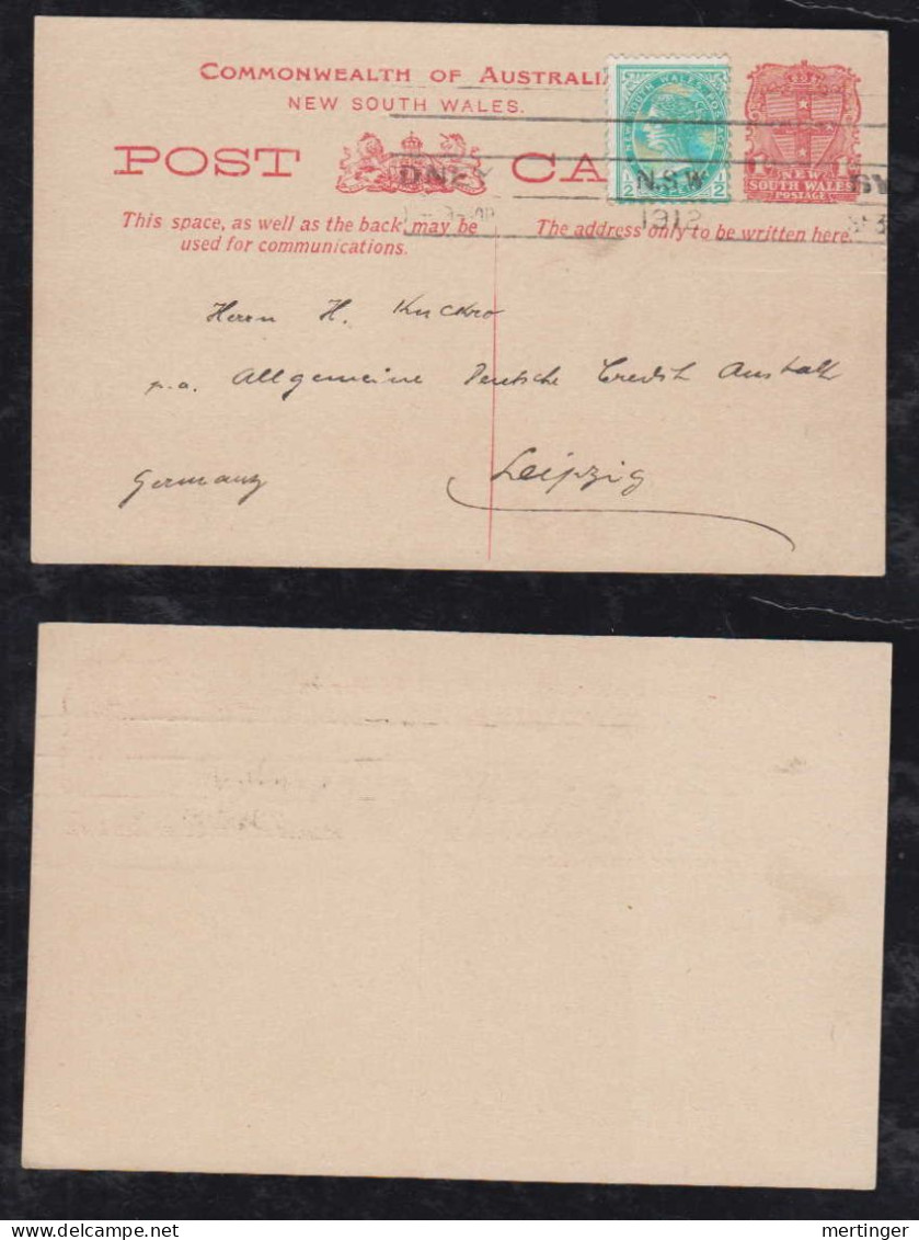 New South Wales Australia 1912 Uprated Stationery Postcard SYDNEY X LEIPZIG Germany - Cartas & Documentos