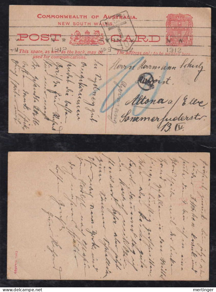 New South Wales Australia 1912 Stationery Postcard SYDNEY X ALTONA Germany Postage Due - Covers & Documents