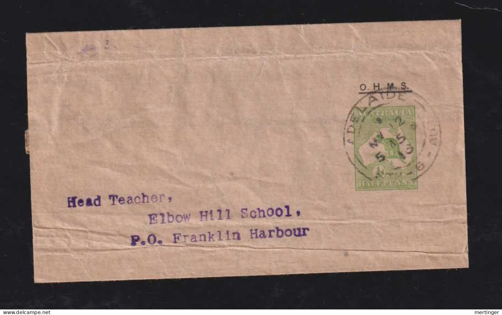 Australia 1916 Stationary Wrapper O.H.M.S. ½P KANGAROO ADELAIDE X FRANKLIN HARBOUR - Lettres & Documents