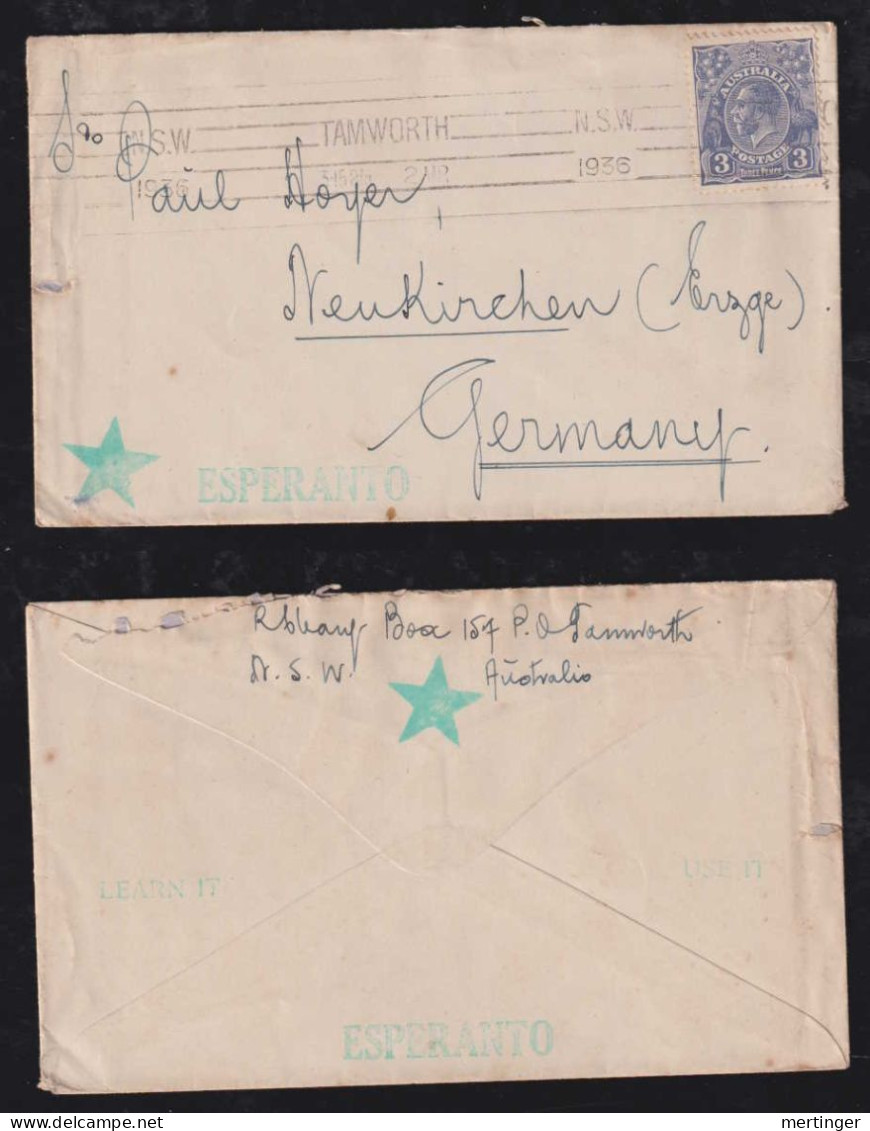 Australia 1936 Cover TAMWORTH X NEUKIRCHEN Germany ESPERANTO Cancel - Covers & Documents