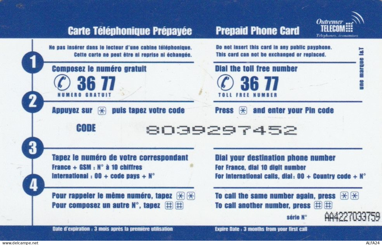 PREPAID PHONE CARD ANTILLE FRANCESI  (E110.12.3 - Antilles (Françaises)