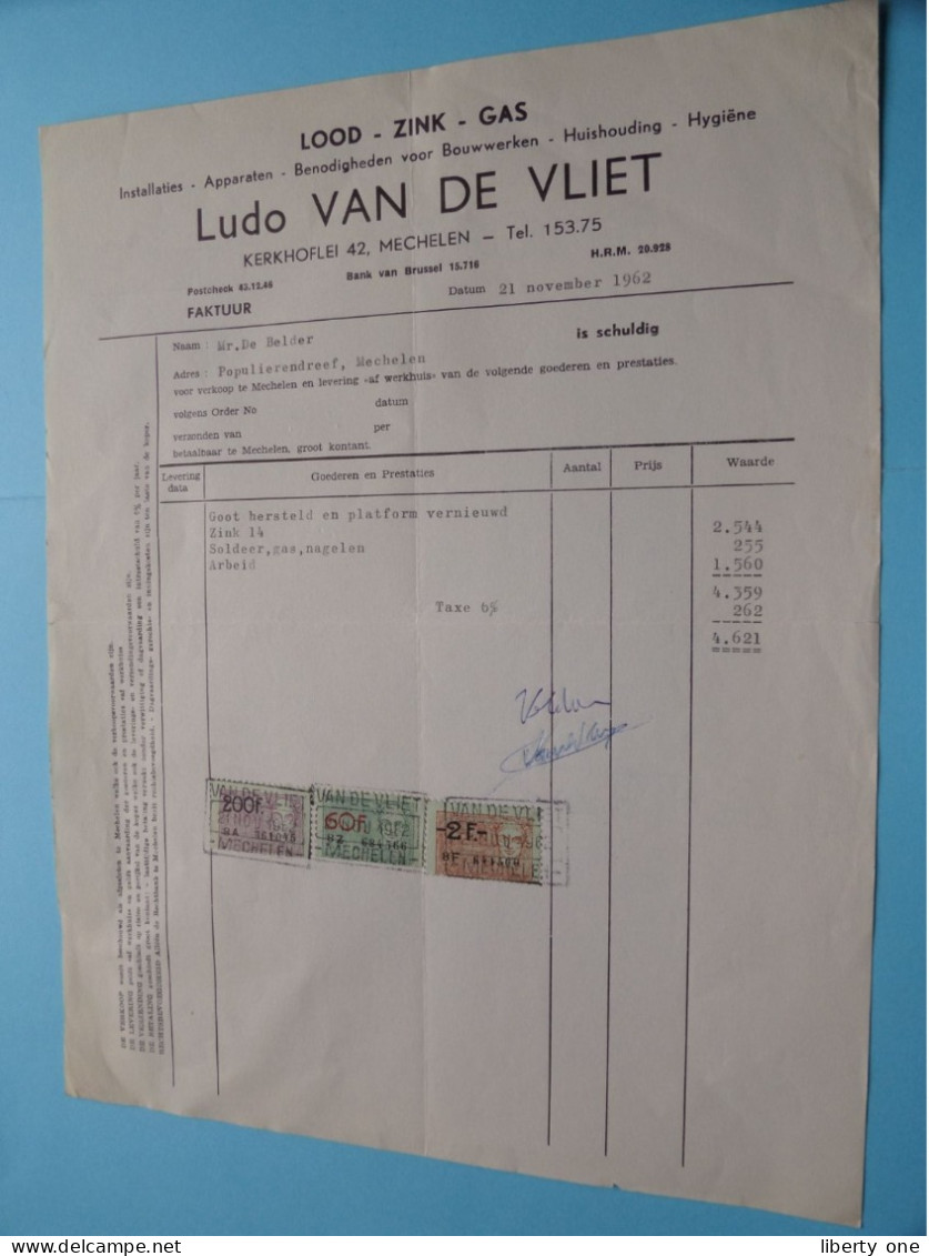 Ludo VAN DE VLIET Lood Zink Gas > MECHELEN > 1962 ( Zie / Voir SCAN ) ! - 1950 - ...