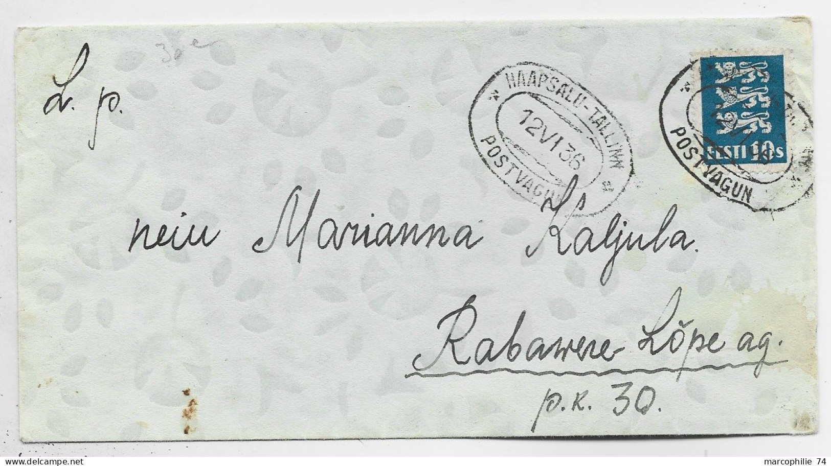 FINLAND 10S SOLO LETTRE COVER AMBULANT HAAPSALU TALLIN 12.VI .1936 POSTVAGUN LETTONIE - Briefe U. Dokumente