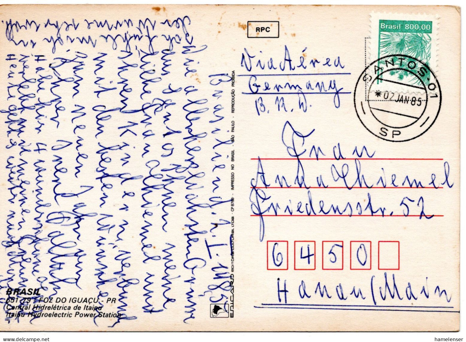 61230 - Brasilien - 1985 - Cr$800,00 EF A LpAnsKte SANTOS -> Westdeutschland - Cartas & Documentos