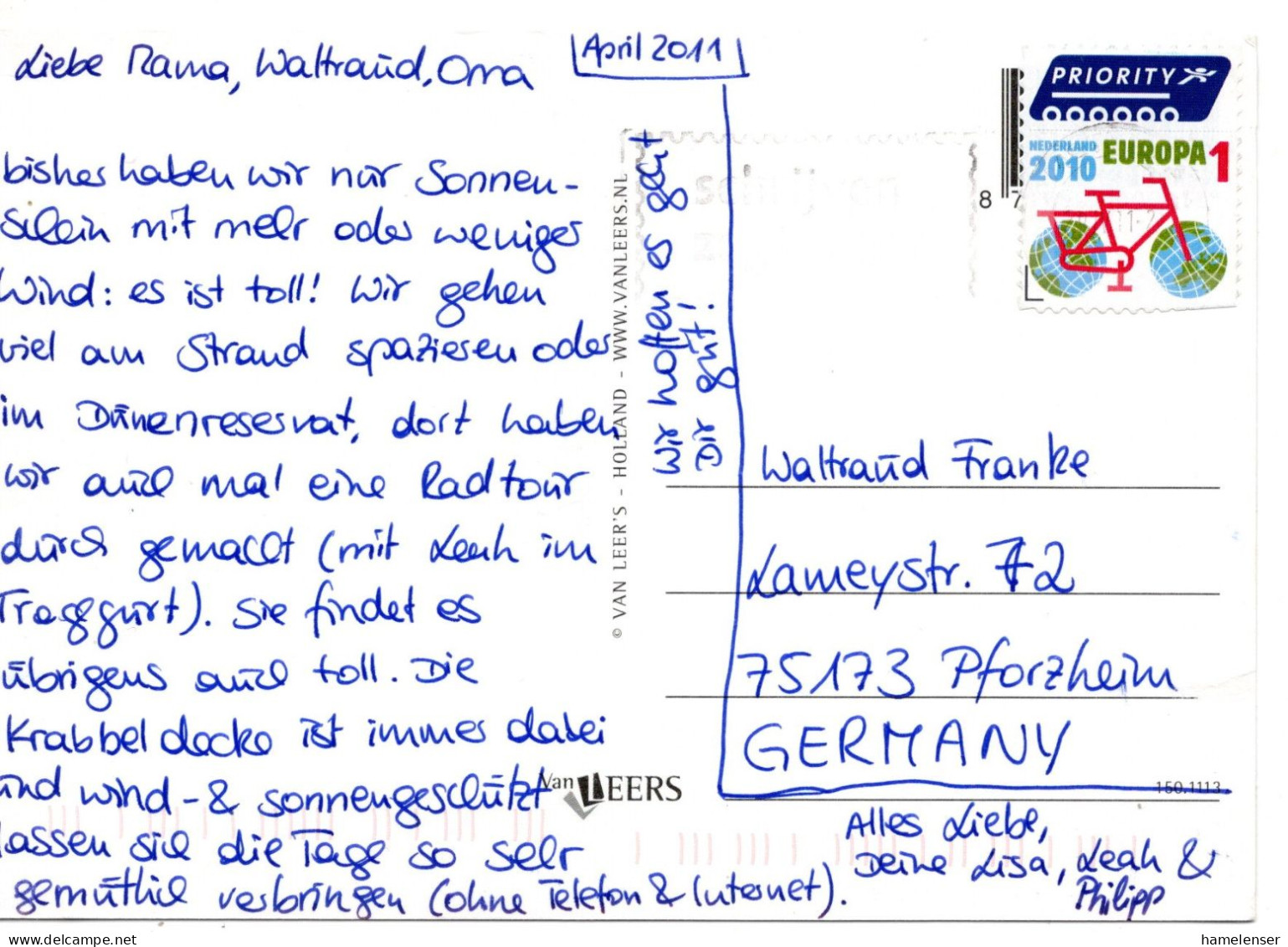 61231 - Niederlande - 2011 - "1" Fahrrad EF A AnsKte AMSTERDAM - ... -> Deutschland - Storia Postale