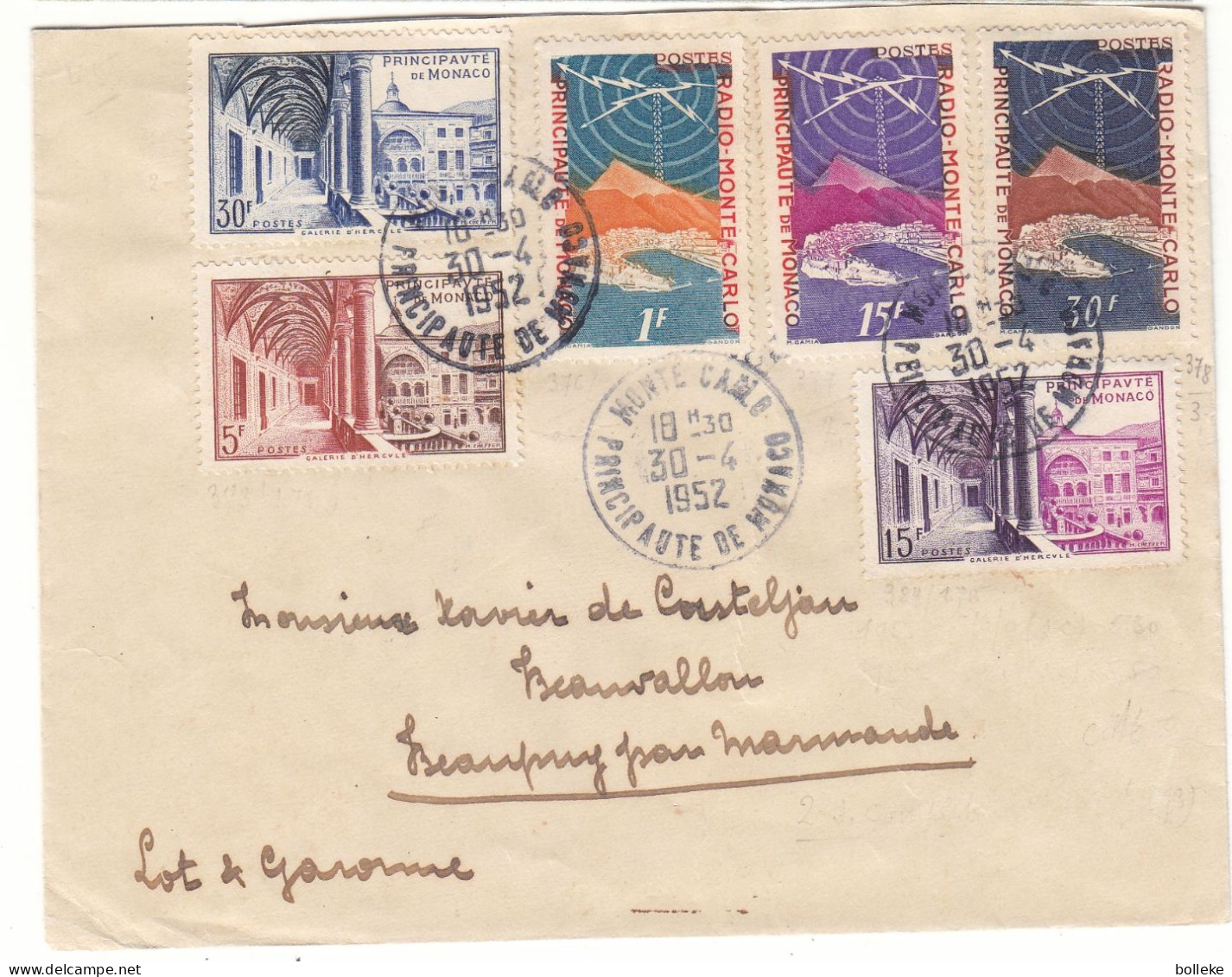 Monaco - Lettre De 1952 - Oblit Monte Carlo - Exp Vers Beauvallon - Radio - Valeur 70 € (  65 + 5 ) En .....2011 - Lettres & Documents