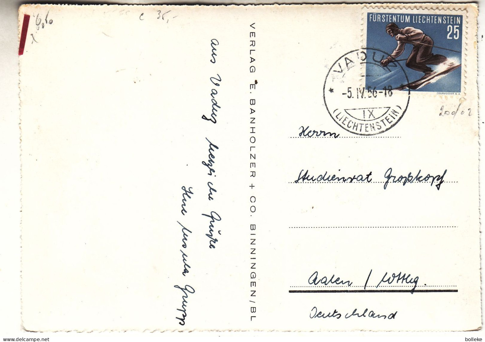 Liechtenstein - Carte Postale De 1956 - Oblit Vaduz - Exp Vers Aalen - Ski - Valeur 35 Euros - Covers & Documents