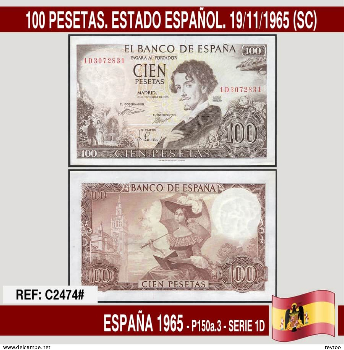 C2474# España 1965. 100 Pts. Estado Español (UNC) P-150a.3 - 100 Pesetas