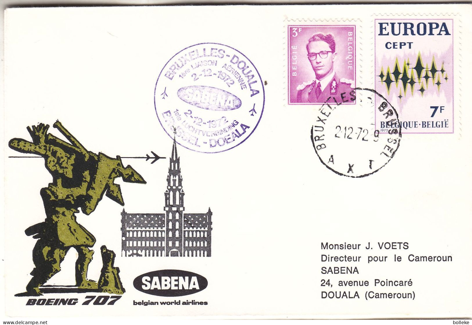 Belgique - Lettre De 1972 - Oblit Bruxelles - 1er Vol SABENA Bruxelles Douala - Europa 72 - - Brieven En Documenten