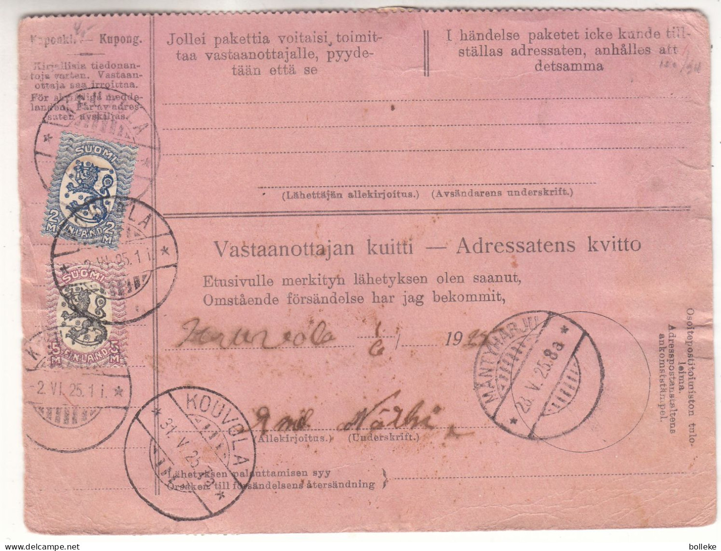 Finlande - Document De 1925 - Oblit Helsinki - Cachets De Kouvola Et Mäntyharju - - Cartas & Documentos