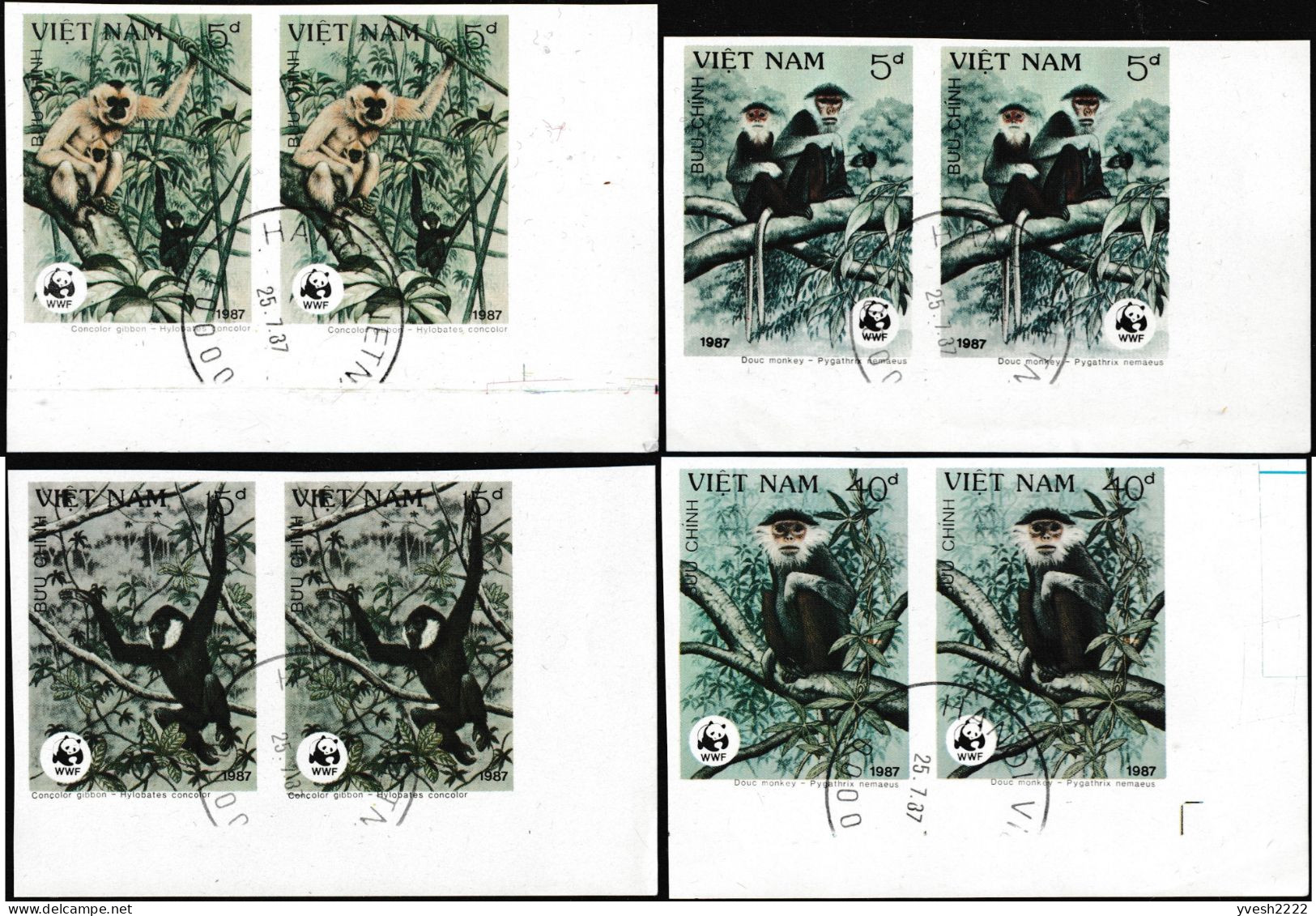 Vietnam 1987 Y&T 803 à 806 Michel 1827 à 1830. Paires Non Dentelées Oblitérées. WWF, Singes - Gebruikt