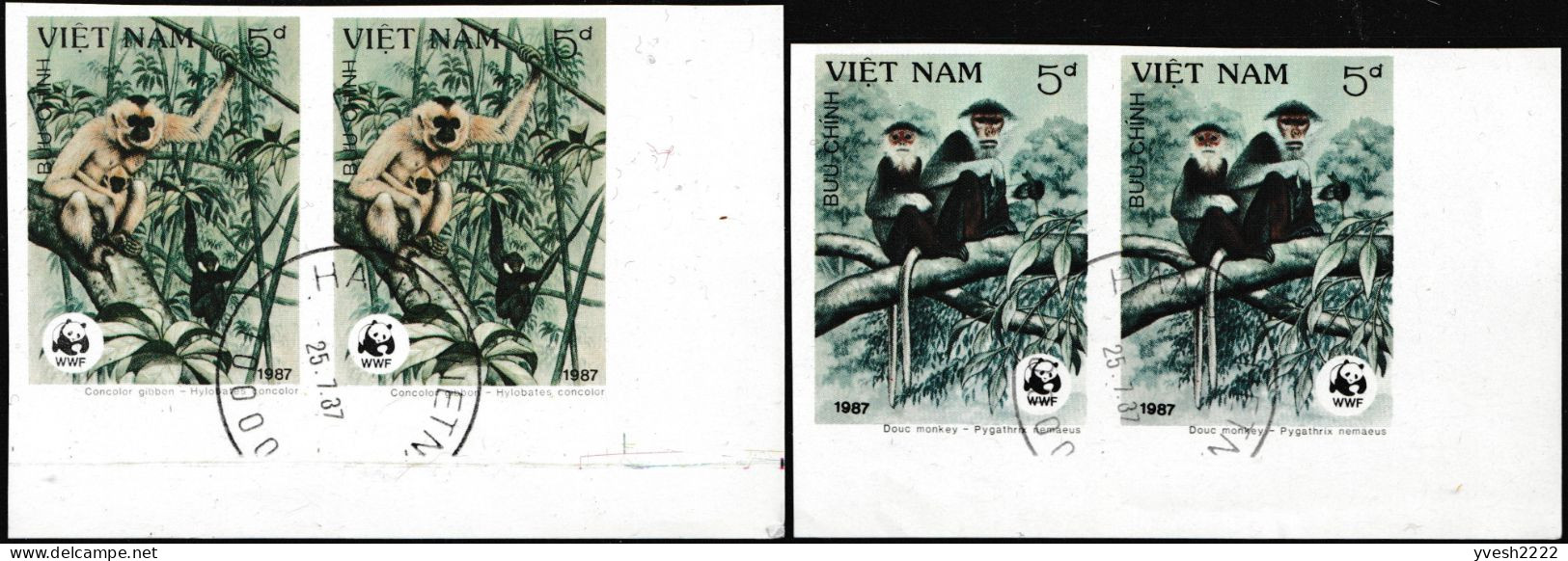 Vietnam 1987 Y&T 803 à 806 Michel 1827 à 1830. Paires Non Dentelées Oblitérées. WWF, Singes - Gebraucht