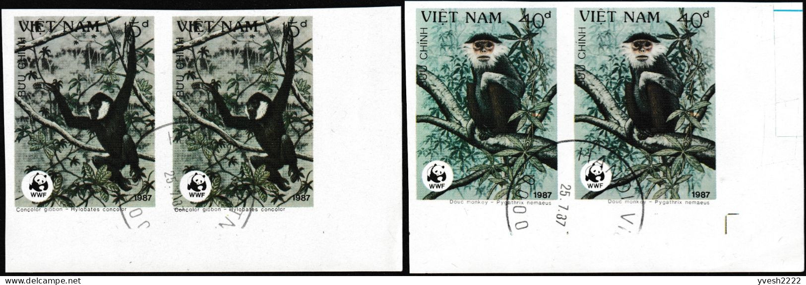 Vietnam 1987 Y&T 803 à 806 Michel 1827 à 1830. Paires Non Dentelées Oblitérées. WWF, Singes - Used Stamps