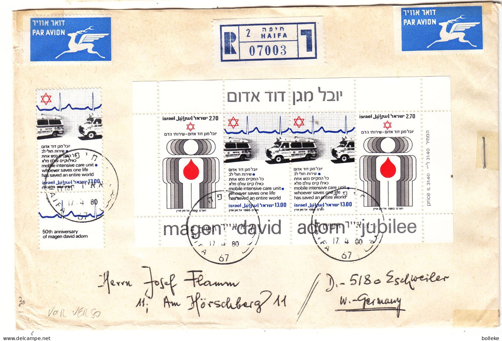 Israël - Lettre Recom De 1980 ° - GF - Oblit Haifa - Croix Rouge - Ambulance - - Cartas & Documentos