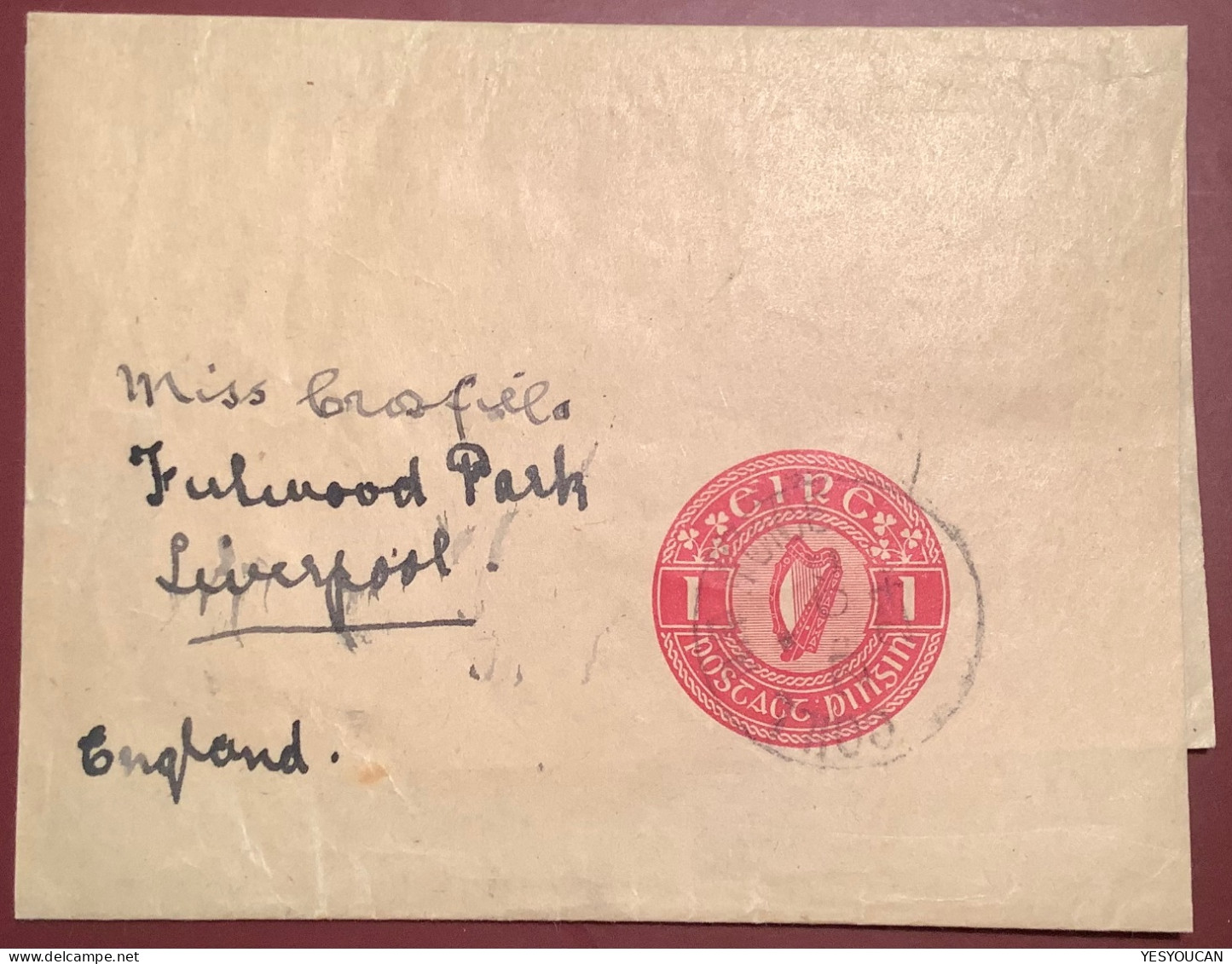 Ireland 1924 Rare Used 1pg Red Postal Stationery Wrapper To Liverpool (Irland Michel S1 - Entiers Postaux