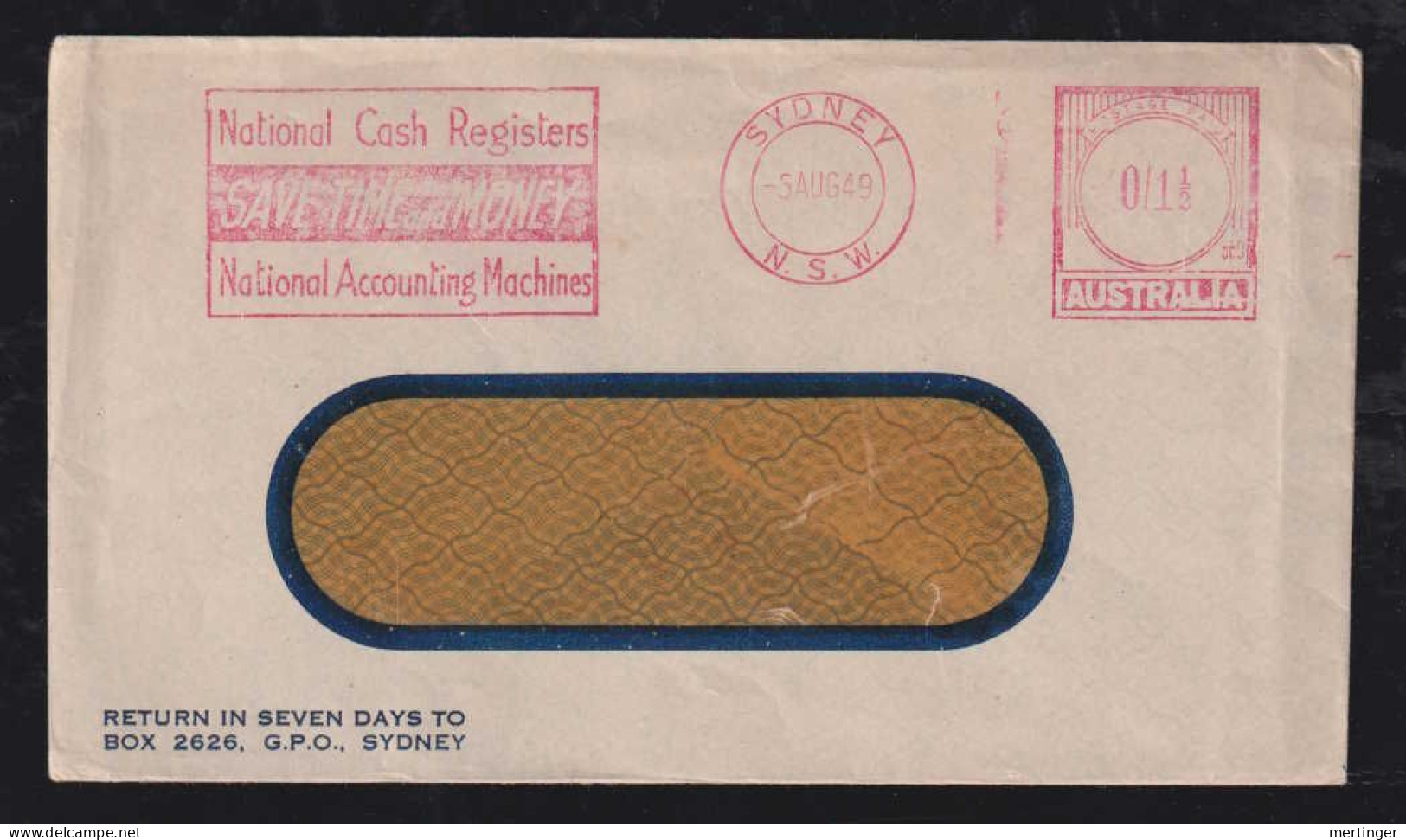 Australia 1949 Meter Cover 1½p SYDNEY Advertising National Cash Registers Machines - Covers & Documents