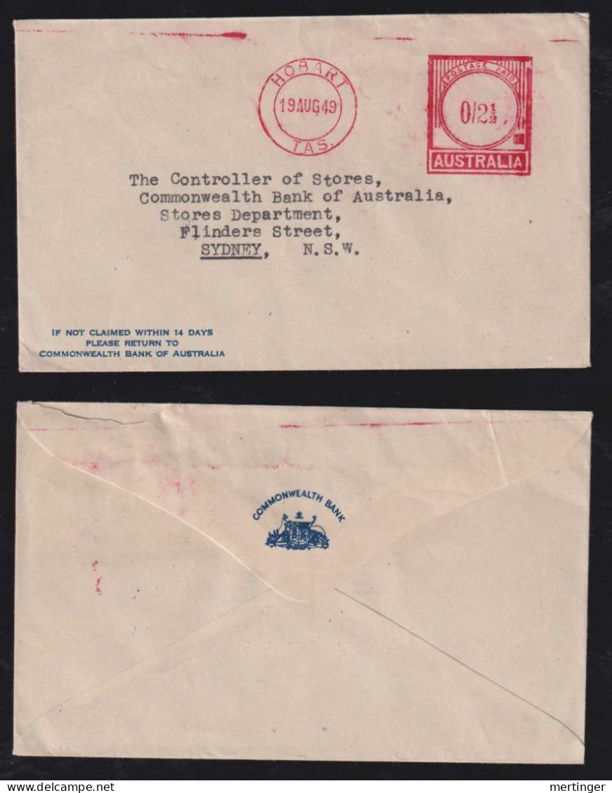Australia 1949 Meter Cover 2½p HOBART Tasmania X SYDNEY Commonwealth Bank - Storia Postale